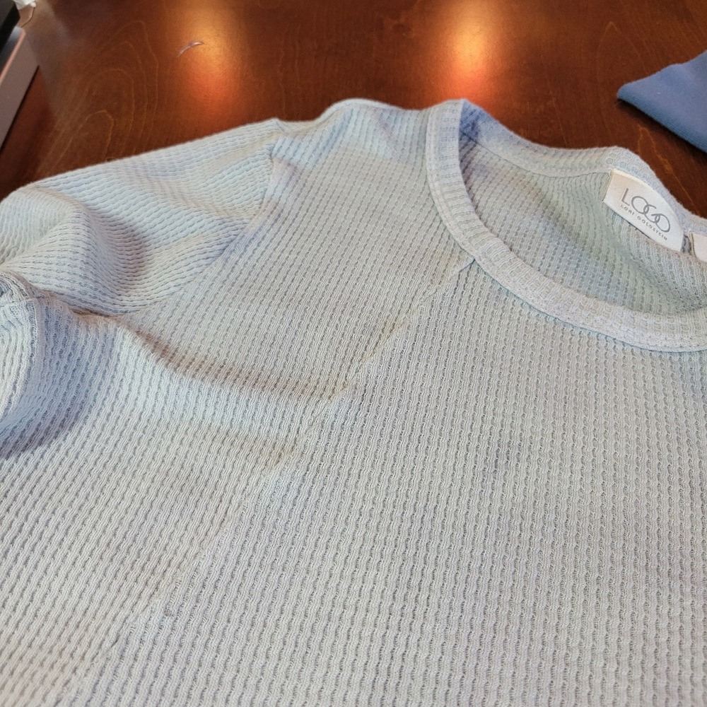LOGO Lori Goldstein Thermal Top Size Small Blue Ombre Waffle Knit Pockets FLAW - Picture 11 of 16